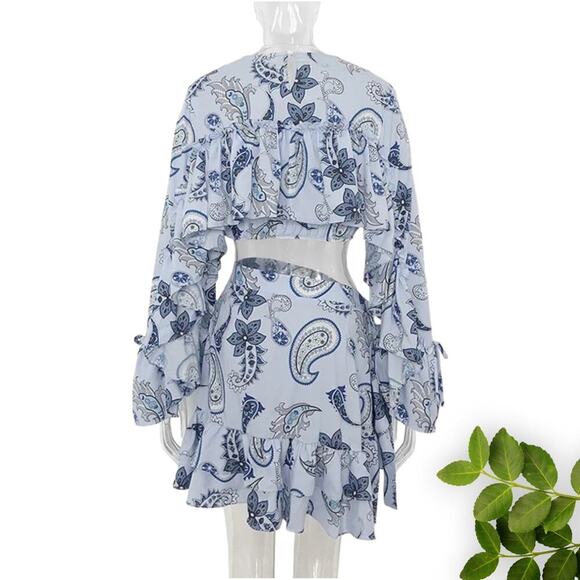 Blue V-Neck‎ Collar Blouse with Butterfly Ruffle Sleeves and Skirt Outfit Set - Picture 3 of 4